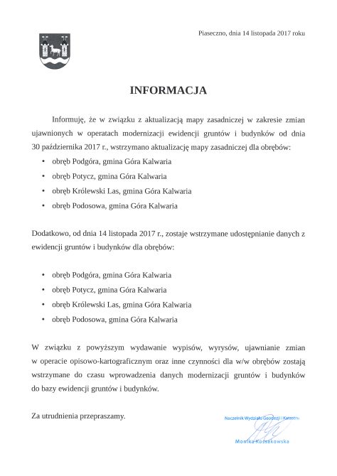 Informacja z dnia 2017-11-14, dotycząca aktualizacji mapy zasadniczej oraz wstrzymania udostępniania danych z ewidencji gruntów i budynków dla  wybranych obrębów z gminy Góra Kalwaria .