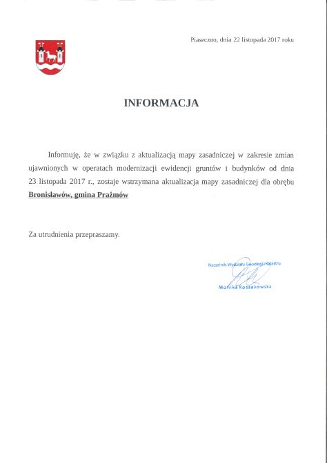 Informacja z dnia 2017-11-22, dotycząca aktualizacji mapy zasadniczej  dla  wybranych obrębów z gminy Prażmów.