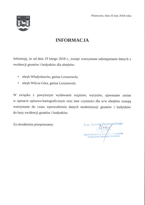 Wstrzymanie udostępniania danych z ewidencji gruntów dla obrębów z gminy Lesznowola